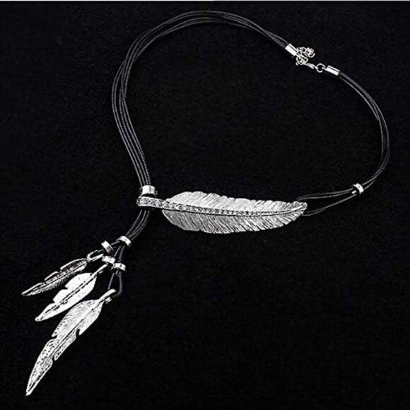 Boho Silver Feather Pendant Necklace Vintage Statement Jewelry for Women - Picture 3 of 4